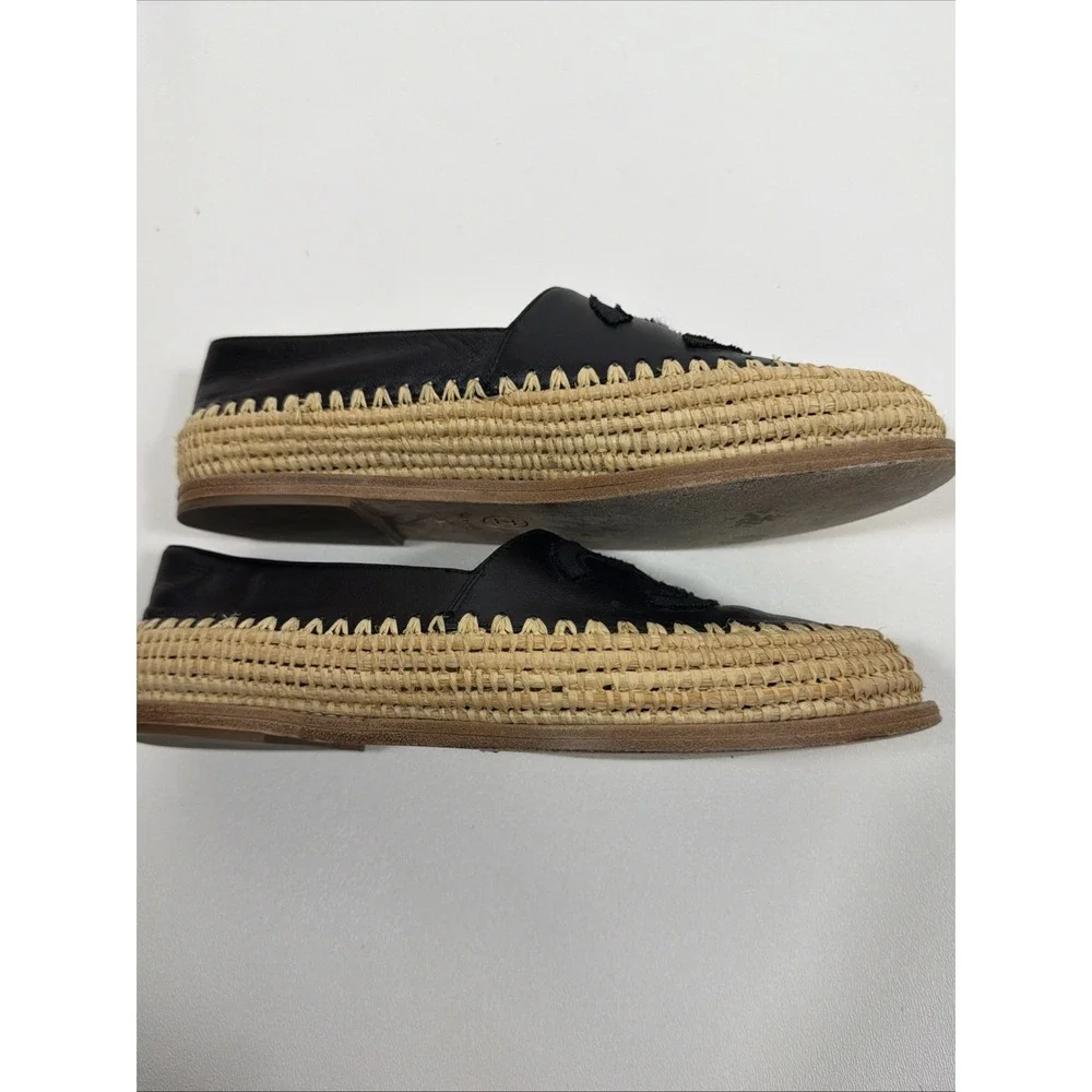 Chanel Black Leather CC Raffia Espadrille Flats Size EU 36 US‎ 6